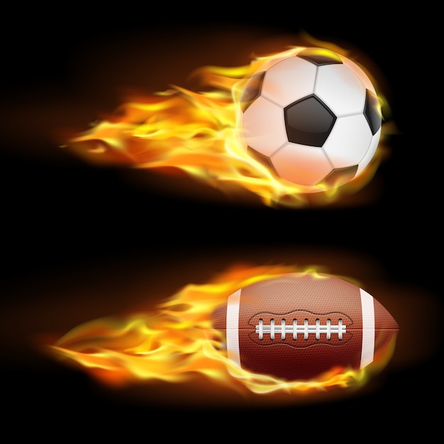 Vector set di palle di fuoco sport, palle di calcio e calcio americano in fuoco in uno stile realistico