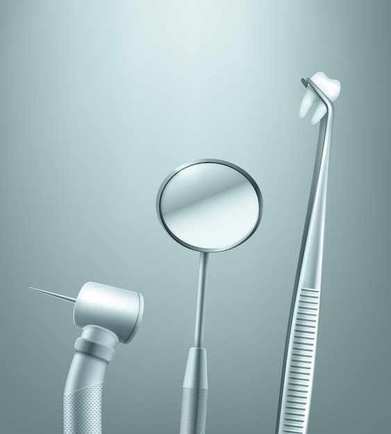 Vector set of stainless dental tools mirror, drill and forceps with tooth side view on background