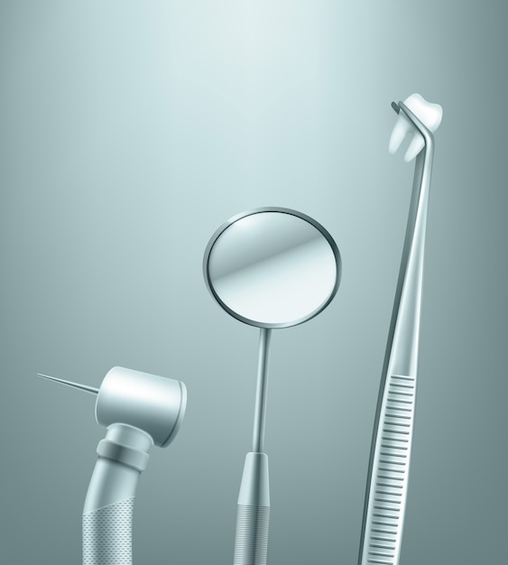 Векторный набор нержавеющих стоматологических инструментов зеркало, дрель и щипцы с видом сбоку зуб на фоне