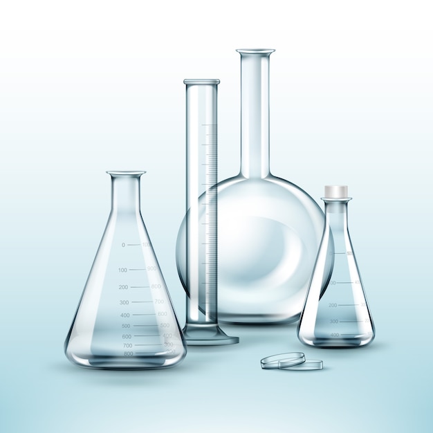 透明なガラス化学実験室フラスコ、背景に分離された試験管のベクトルセット