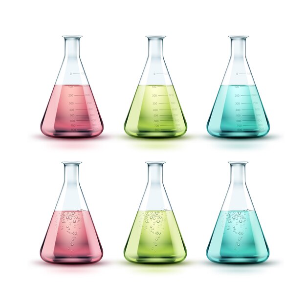 Векторный набор прозрачных стеклянных колб химической лаборатории с зеленой, розовой, синей жидкостью и пузырьками, изолированными на белом фоне