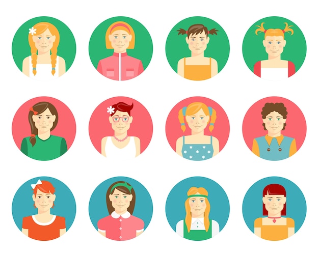 Vector set of twelve smiling girls and young women avatars in flat style