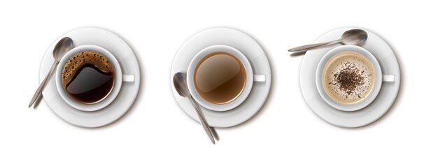 カフェやレストランのドリンクメニューアメリカーノカプチーノブラックコーヒー用ホワイトコーヒーカップのベクトルセット
