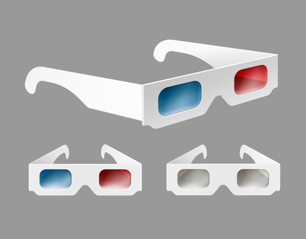 Insieme di vettore di carta bianca occhiali 3d in prospettiva close up isolato su sfondo grigio
