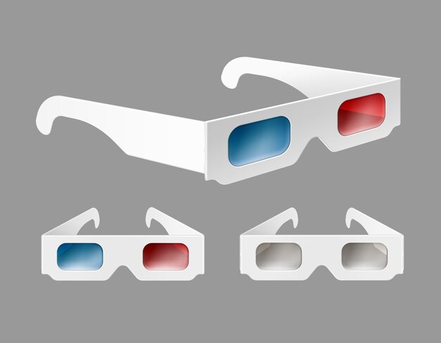 Vector set of white paper 3d glasses in perspective close up isolated on gray background