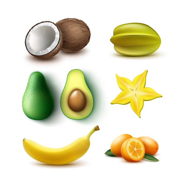 전체 및 절반 잘라 열대 과일 아보카도, 바나나, 코코넛, 카람 볼라, starfruit, 금귤의 벡터 집합 흰색 배경에 고립