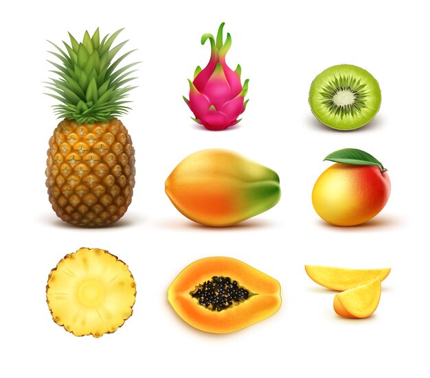 Vector set of whole and half cut tropical fruits pineapple, kiwi, mango, papaya, dragonfruit isolated on white background