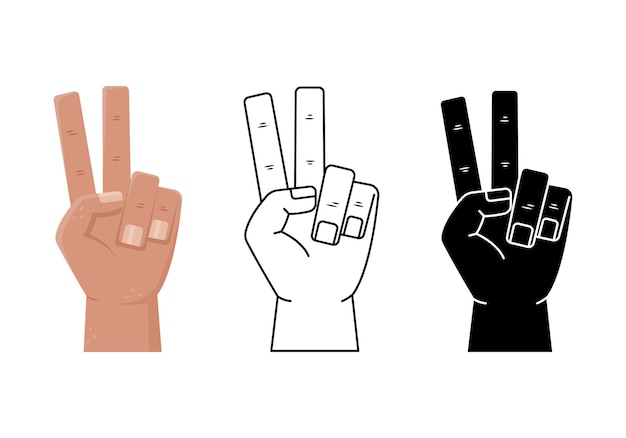 Векторный набор с иллюстрациями жестов рук - победа. простой стиль, контур и плоский стиль мужской руки