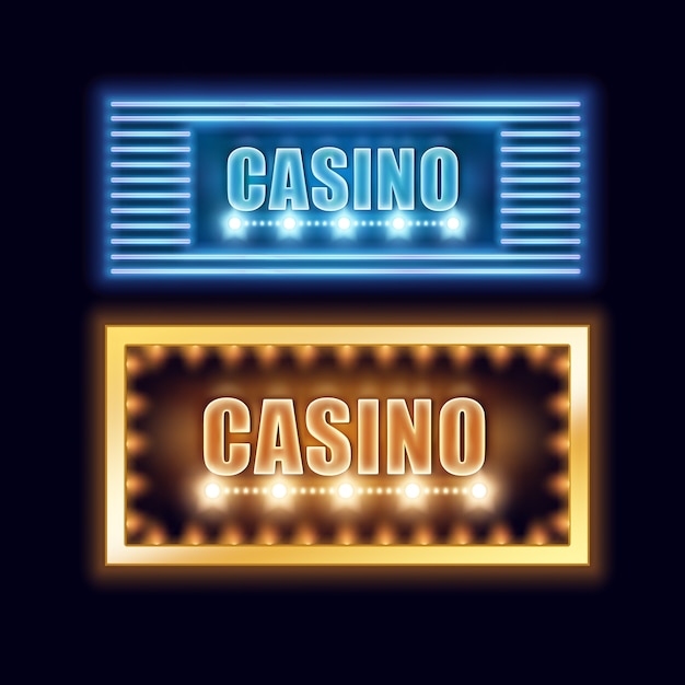 Vector set of yellow, blue illuminated casino signboards for poster, flyer, billboard, web sites and gambling club isolated on black background