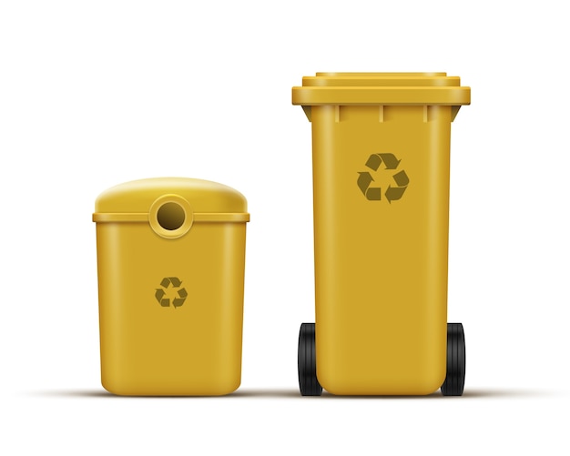 Vector set of yellow recycle bins for plastic waste sorting