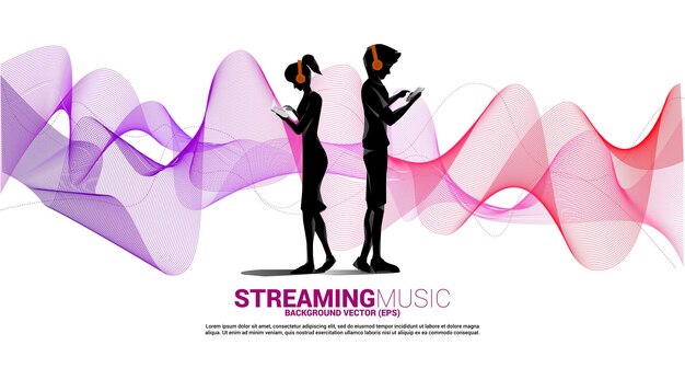 Vector silhouette man and woman with mobile phone and headphone and music sound wave . concept background for song and concert theme.