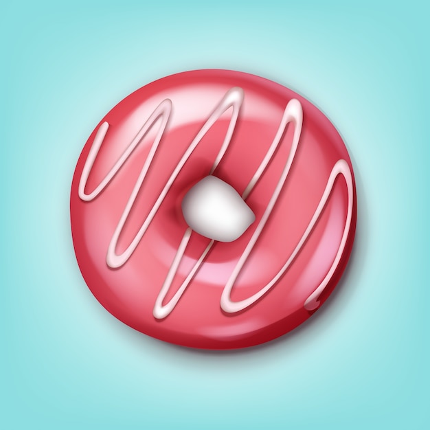 Vector single donut with pink icing and white stripes top view isolated on blue background