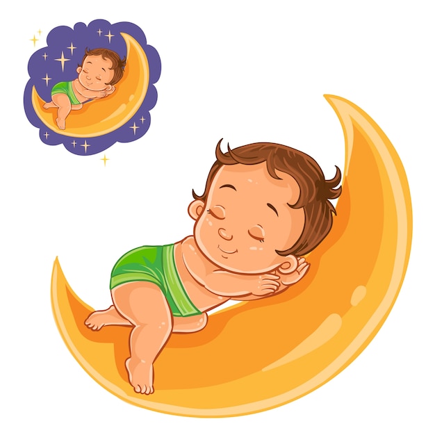 Векторный маленький ребенок в подгузнике спал с помощью луны вместо подушки.
