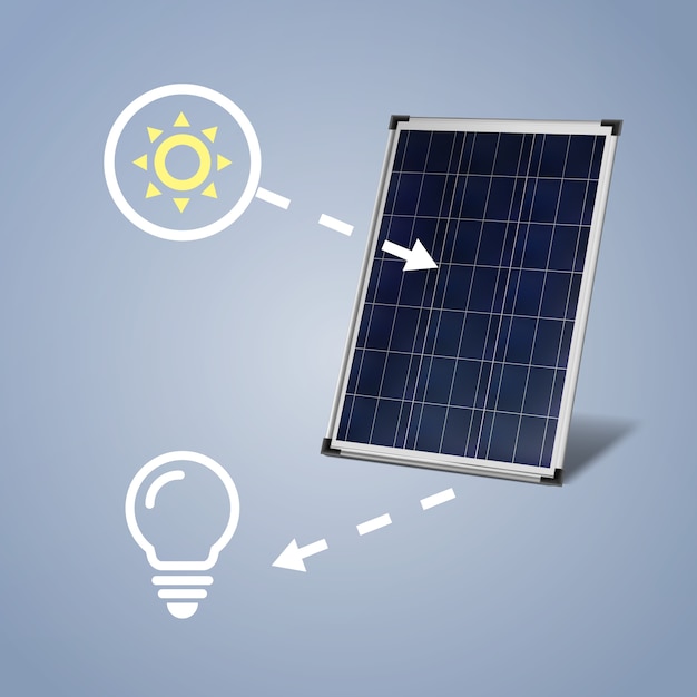 Vector solar panel isolated with sun and light bulb on blue background