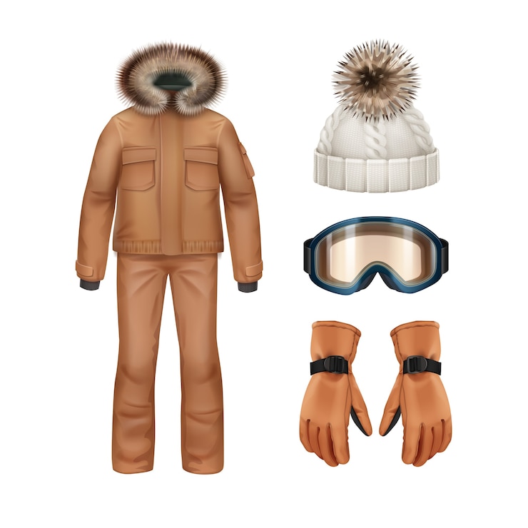 मुफ़्त वेक्टर vector sport winter apparel set: brown coat with fur hood, pants, gloves, white knitted cap and goggles front view isolated on white background