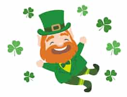 Free vector vector st. patricks day symbol character with a happy smile and shamrock leaves around him.