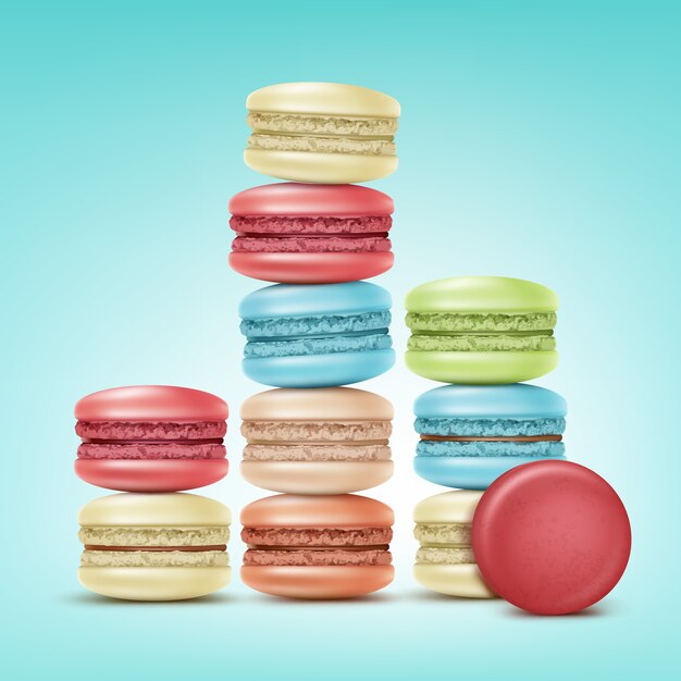 Векторные стеки красочных розовых, зеленых, бежевых, синих macarons, изолированные на фоне