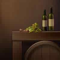 Free vector vector still life of bottles, grapes and wooden barrel isolated on colored background