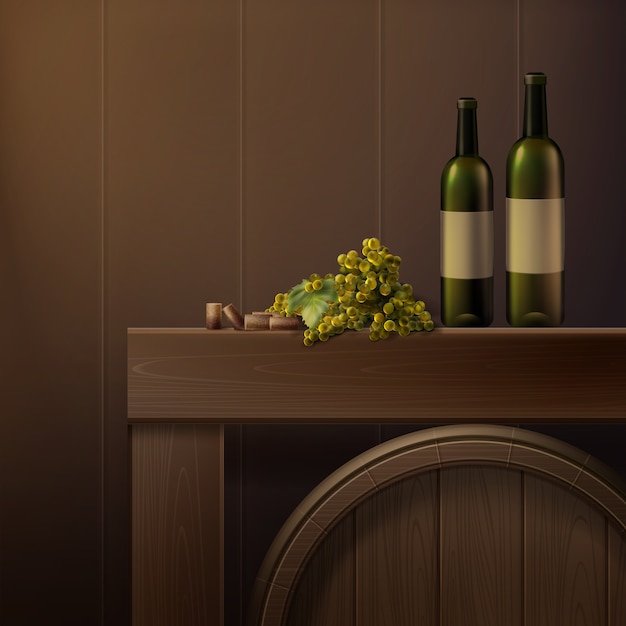 Vector still life of bottles, grapes and wooden barrel isolated on colored background