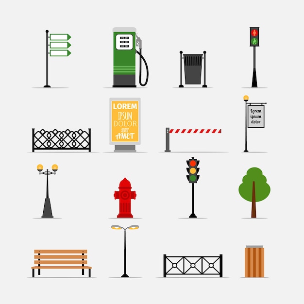 無料ベクター ベクトルストリート要素セット。ベンチと看板、給水栓と信号機、街灯とフェンス