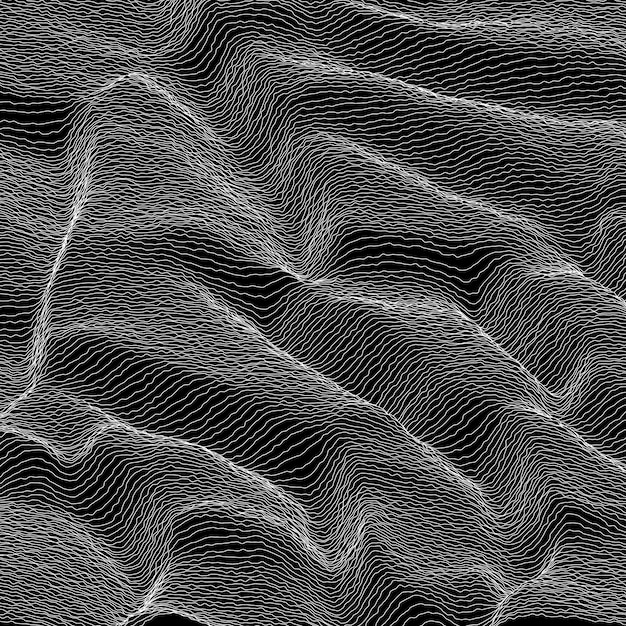 ストライプグレースケールのベクトルの背景。抽象的な線の波。音波振動。ファンキーなカールライン。上品な波状の質感。表面の歪み。黒と白。