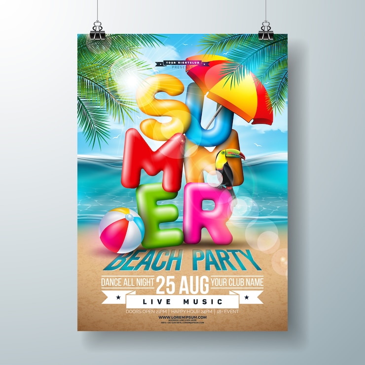 Free Vector vector summer beach party flyer design with 3d typography letter and tropical palm leaves on ocean landscape background. vacation holiday design