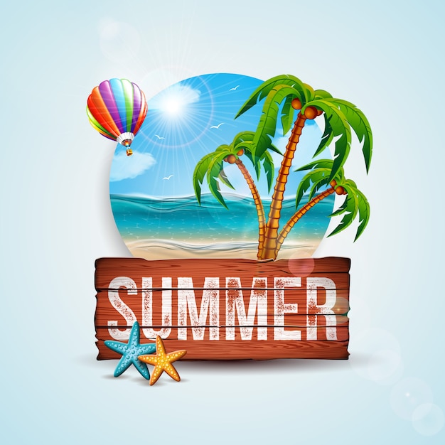 Vector Summer Holiday Illustration with Wood Board and Exotic Palm Trees