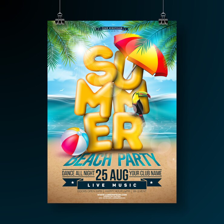 Free Vector vector summer party flyer design with 3d typography letter and tropical palm leaves