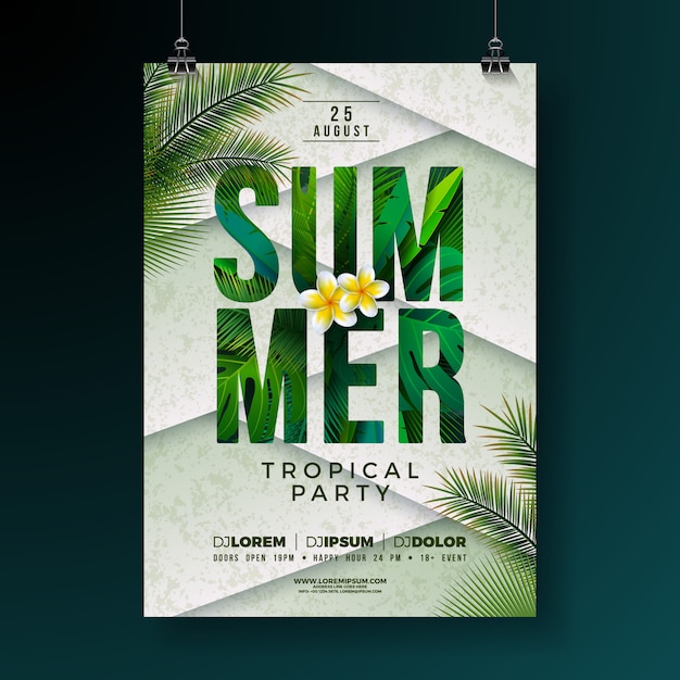 Vector summer party flyer design with flower and tropical palm leaves