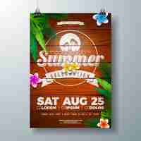 Free vector vector summer party flyer design with flower and tropical palm leaves