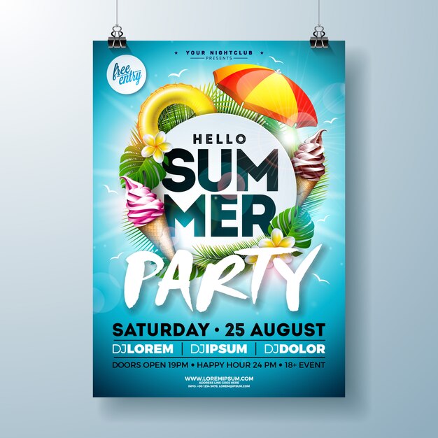 Vector Summer Party Flyer Design with Sunshade and Ice Cream