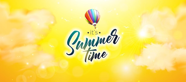 Векторный дизайн летнего времени с красочным воздушным шаром и облаком на солнечном желтом фоне