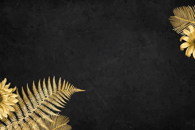 Vector sunflower palm leaf gold border frame on black textured background