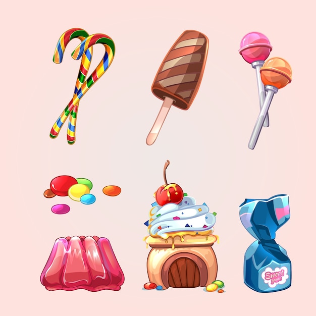 Free vector vector sweets and cookies set in cartoon style. lollipop and caramel, yummy tasty candy, cake and ice cream set