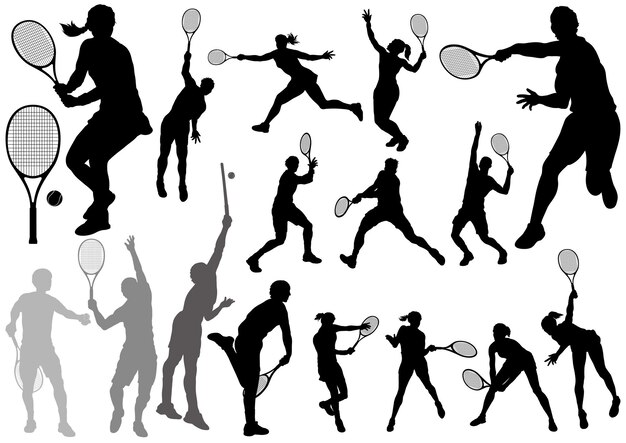 Vector Tennis Players Silhouette Illustration Set Isolated On A White Background.