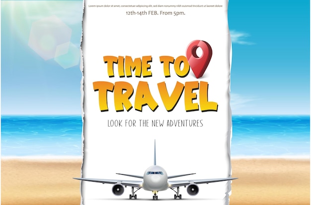 Free vector vector time to travel tourist banner with beach and airplane that cuts paper