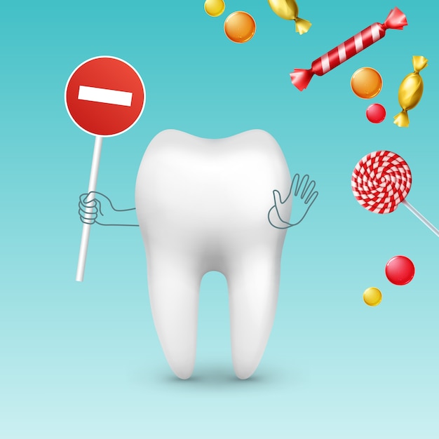 Vettore gratuito carattere del dente di vettore con il segnale di stop contro diversi dolci, caramelle e lecca-lecca