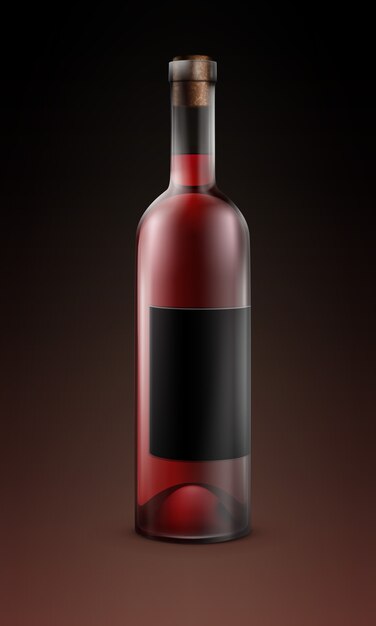 Векторная прозрачная стеклянная бутылка красного вина с черной этикеткой, изолированной на темноте