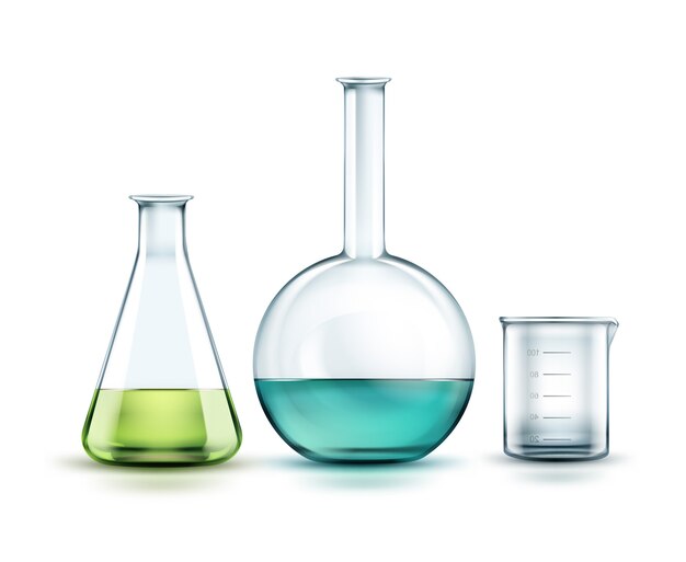 Vector transparent glass chemical flasks full off green, blue liquid and empty beaker isolated on background