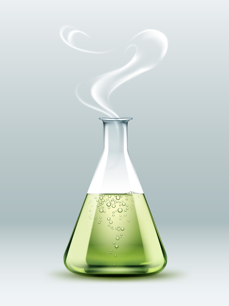 Free Vector vector transparent glass chemical laboratory flask with green liquid, bubbles and steam isolated on white background