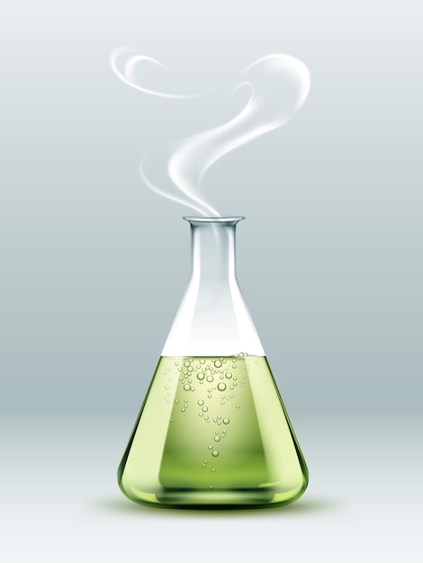 Vector transparent glass chemical laboratory flask with green liquid, bubbles and steam isolated on white background