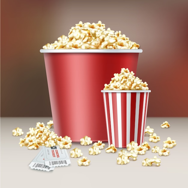 Vector two white and red striped buckets of popcorn kernels with cinema tickets close up side view on blur background
