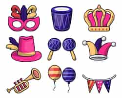 Бесплатное векторное изображение Векторная типографская иллюстрация красоты марди гра, фиолетовые и разноцветные праздничные флаги, конфетти, барабаны и многое другое.