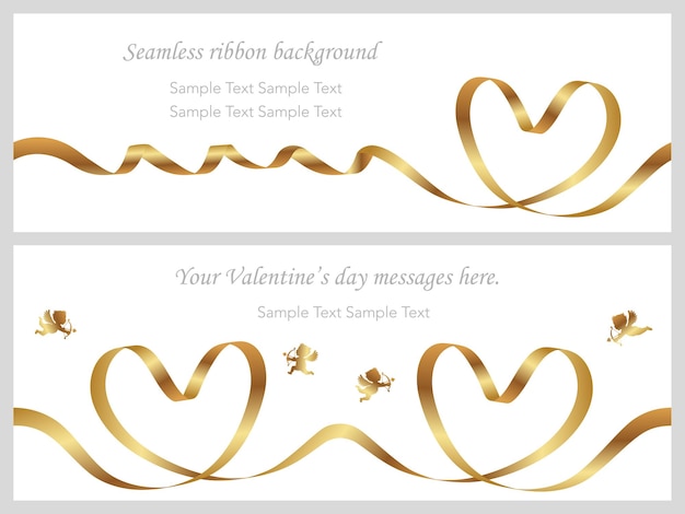 Vector valentine card set with seamless gold ribbons and text space. horizontally repeatable.