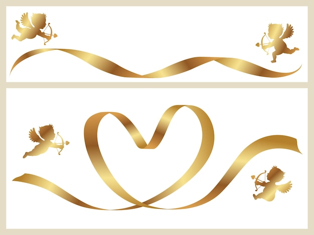 Free vector vector valentine card template set with gold ribbons and cupids isolated on a plain background.