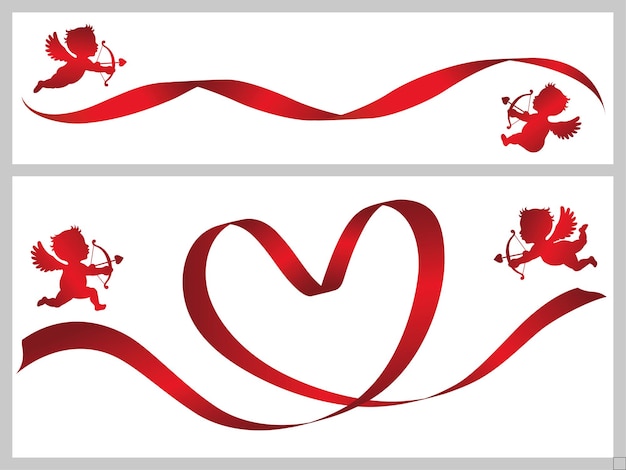 無料ベクター 赤いリボンと無地の背景に分離されたキューピッド セット ベクトル バレンタイン カード テンプレート。