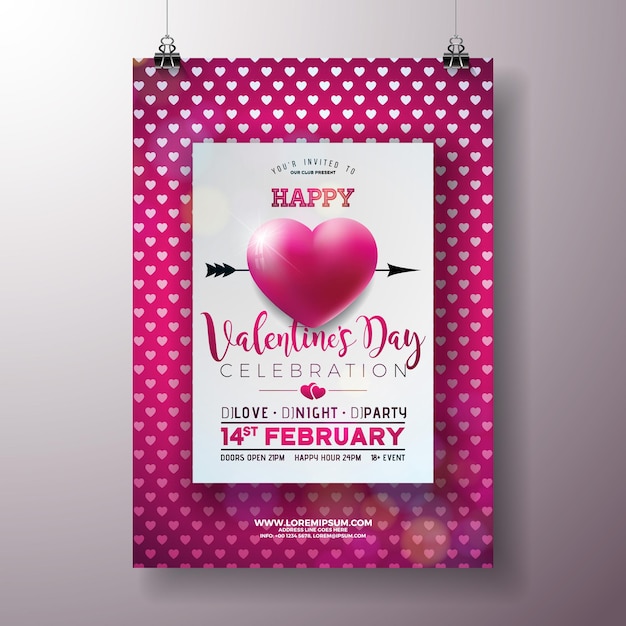 Vector valentines day party flyer design with typography and heart on red pattern background