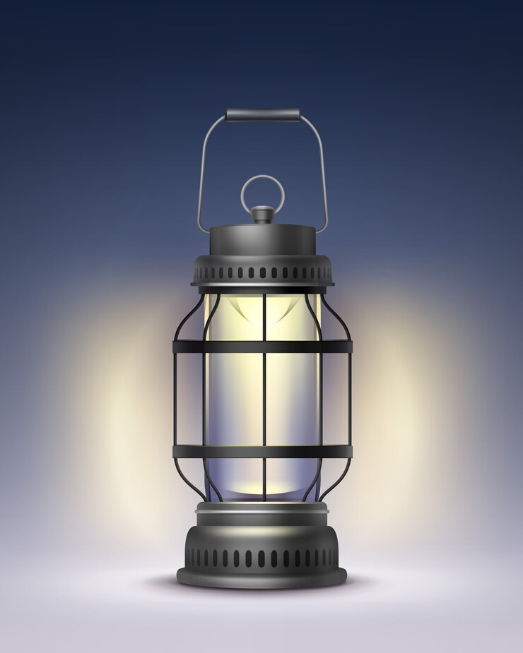 Free Vector vector vintage black metal burning lantern front view isolated on dark blue background