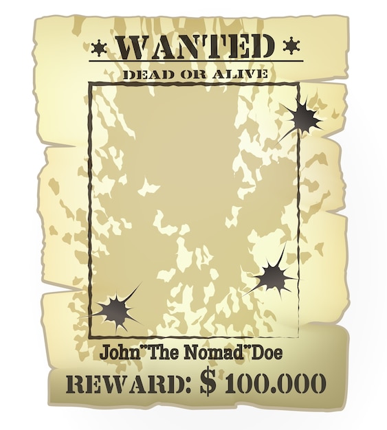 Vector vintage western wanted poster frame with bullet holes