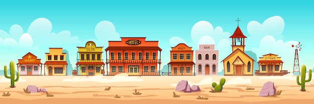Vector western town street with wooden buildings